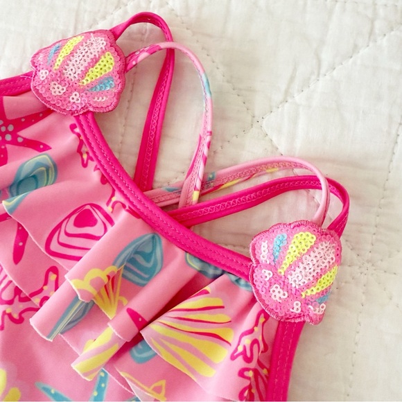 Betsey Johnson Kids Vibrant Pink Seashell One piece Ruffle Skirt Swimsuit 3T - Picture 2 of 5